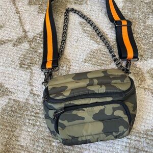 THINK ROYLN Camouflage Crossbody Bag with Orange and Black Strap